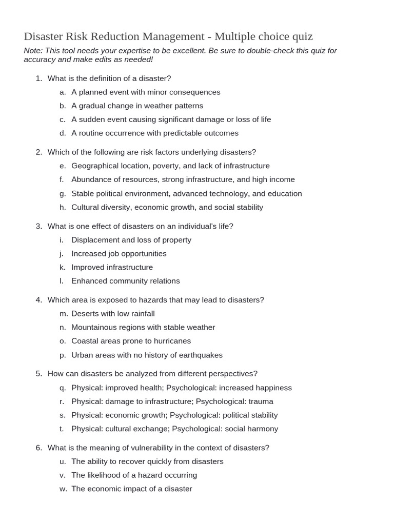Disaster Risk Reduction Quiz | PDF | Hazards | Vulnerability