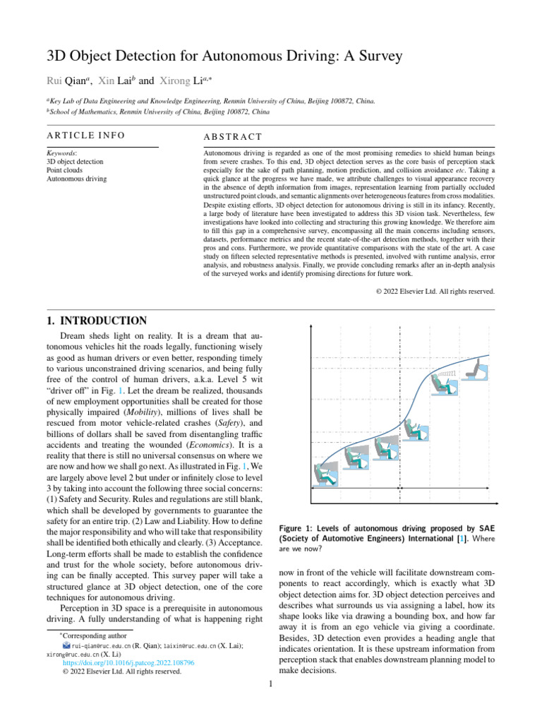 3D Object Detection For Autonomous Driving: A Survey: Qian, Lai and Li ...