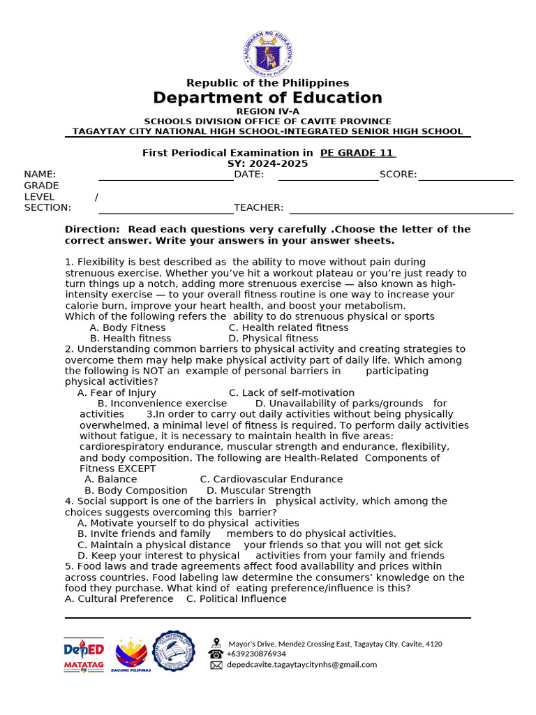 Grade 11 PE First Periodical Exam | PDF | Physical Fitness | Body Mass ...
