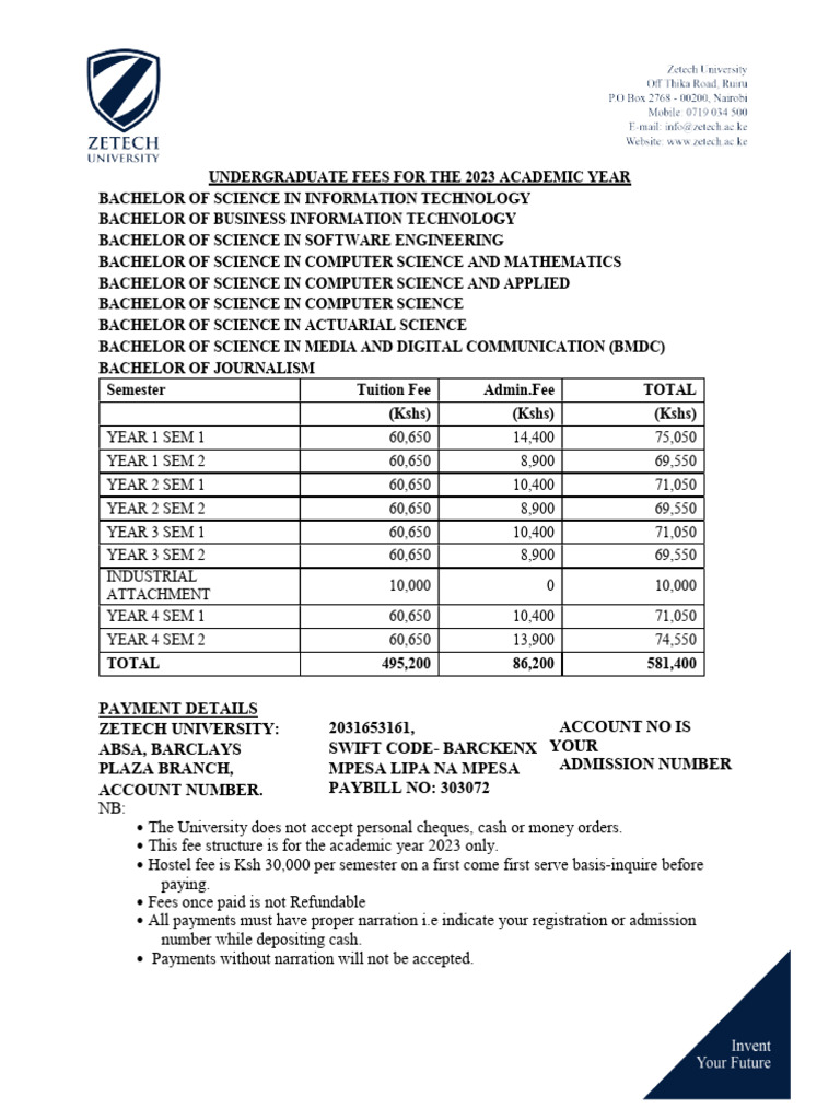 Zetech University 2023 Fee Structure | PDF | Payments | Fee