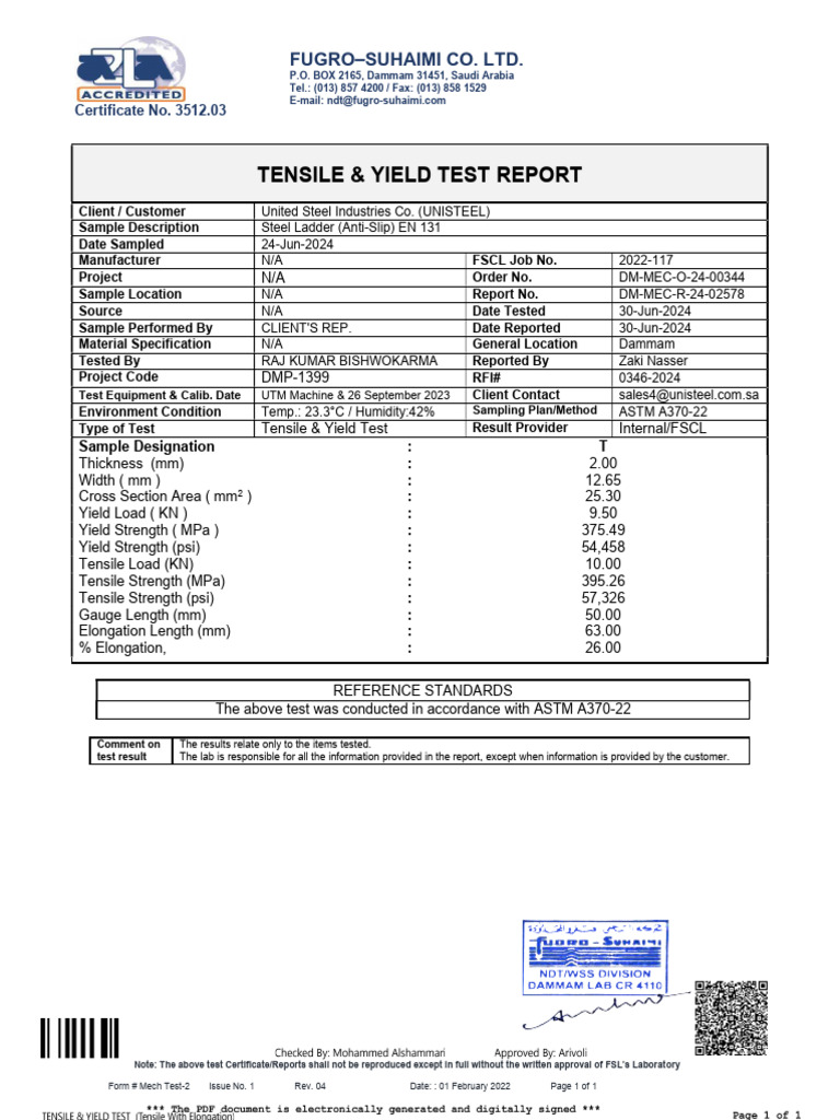 Steel Ladder Tensile & Yield Test Report | PDF | Ultimate Tensile ...