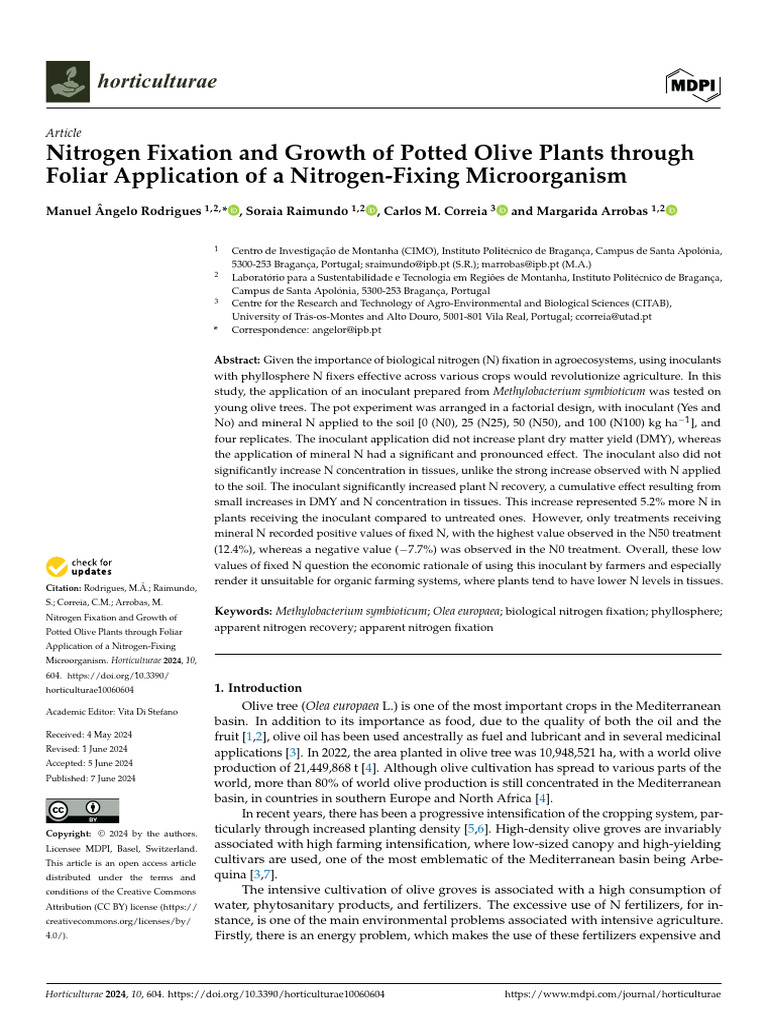 Nitrogen Fixation and Growth of Potted Olive Plants Through Foliar ...