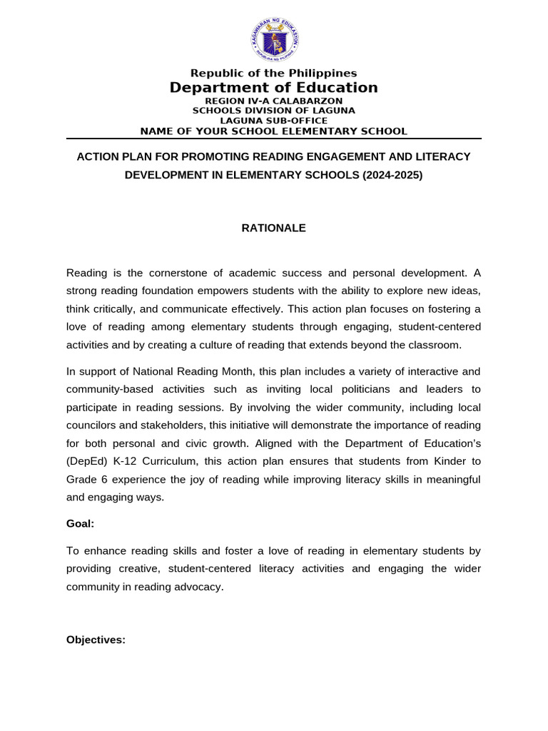 Action Plan for Reading Literacy 2024-2025 | PDF | Teachers | Libraries