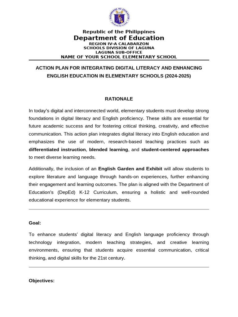 Digital Literacy Action Plan for English Education | PDF | Teachers ...
