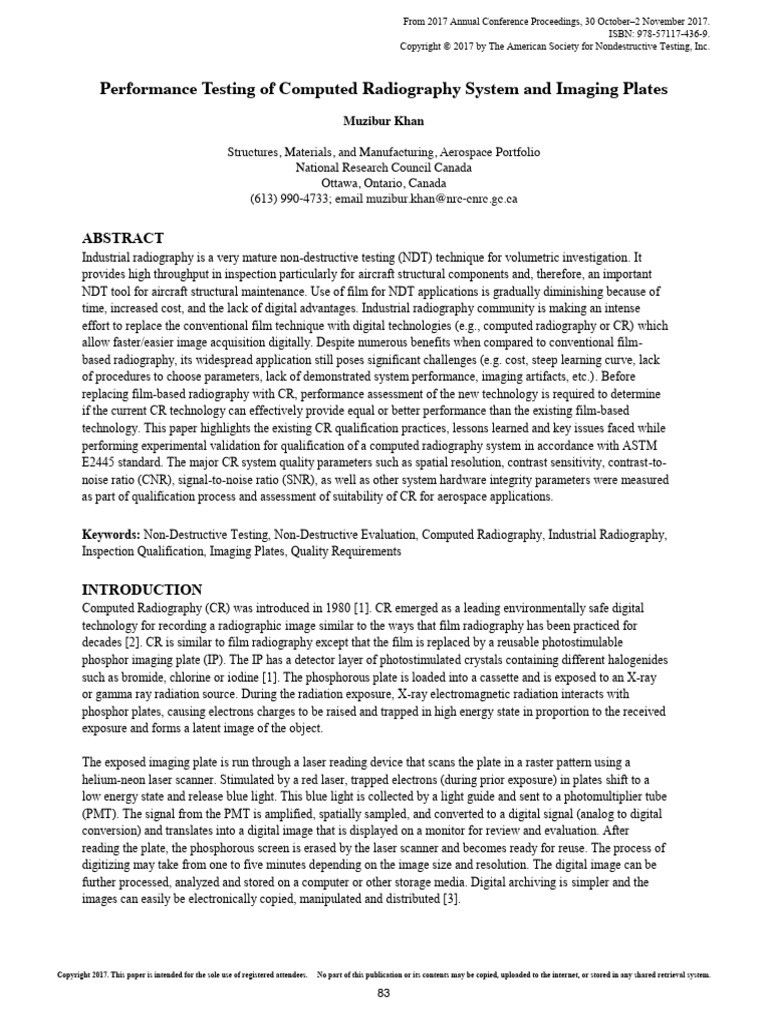 Performance Testingof Computed Radiography Systemand Imaging Plates ...