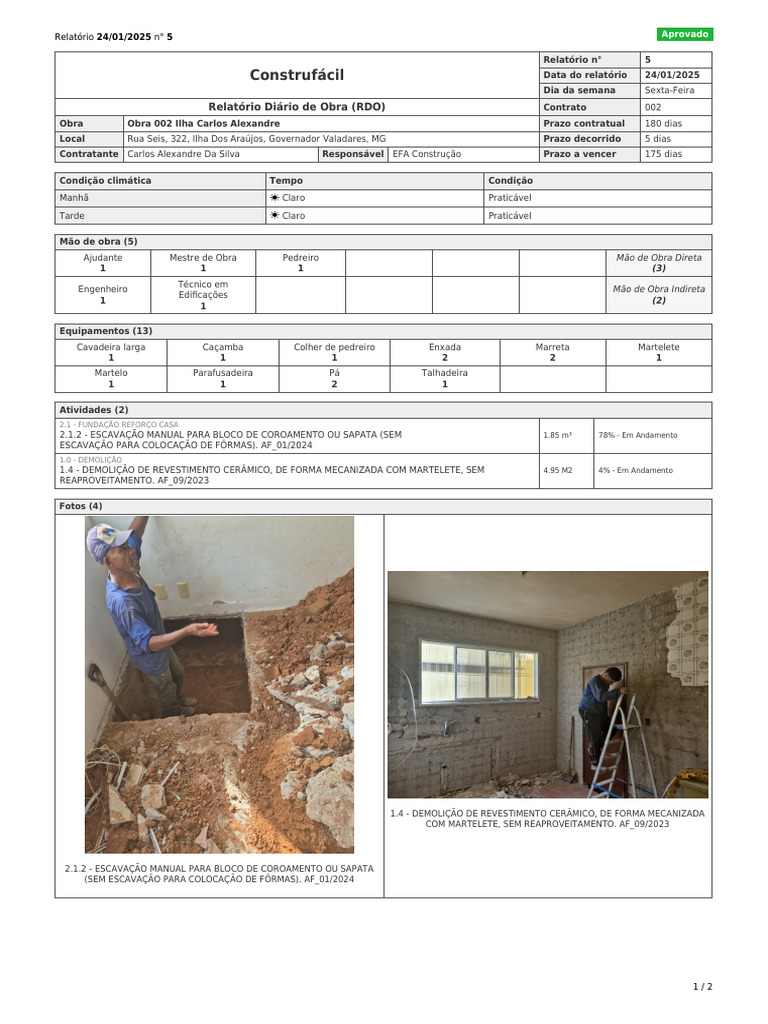 Relatório Diário de Obra - 24/01/2025 | PDF