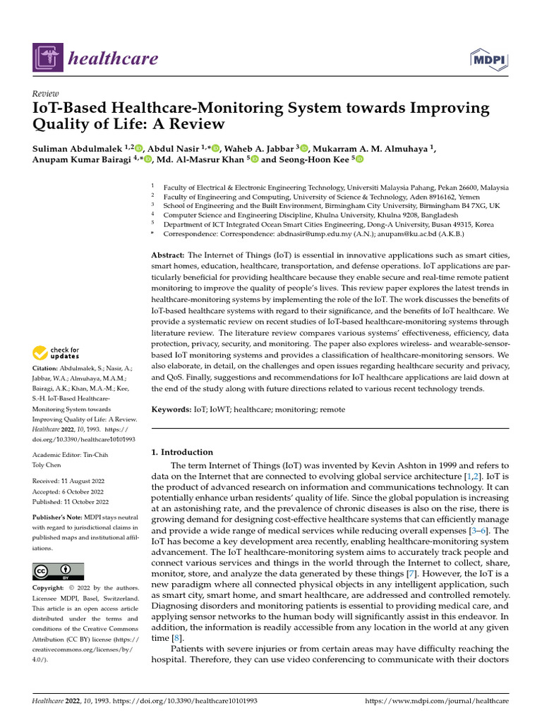 Healthcare 10 01993 | PDF | Internet Of Things | Health Care
