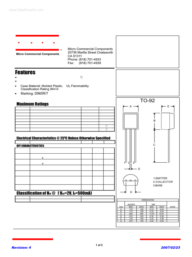 D965 NPN Transistor Specifications | PDF | Bipolar Junction Transistor ...