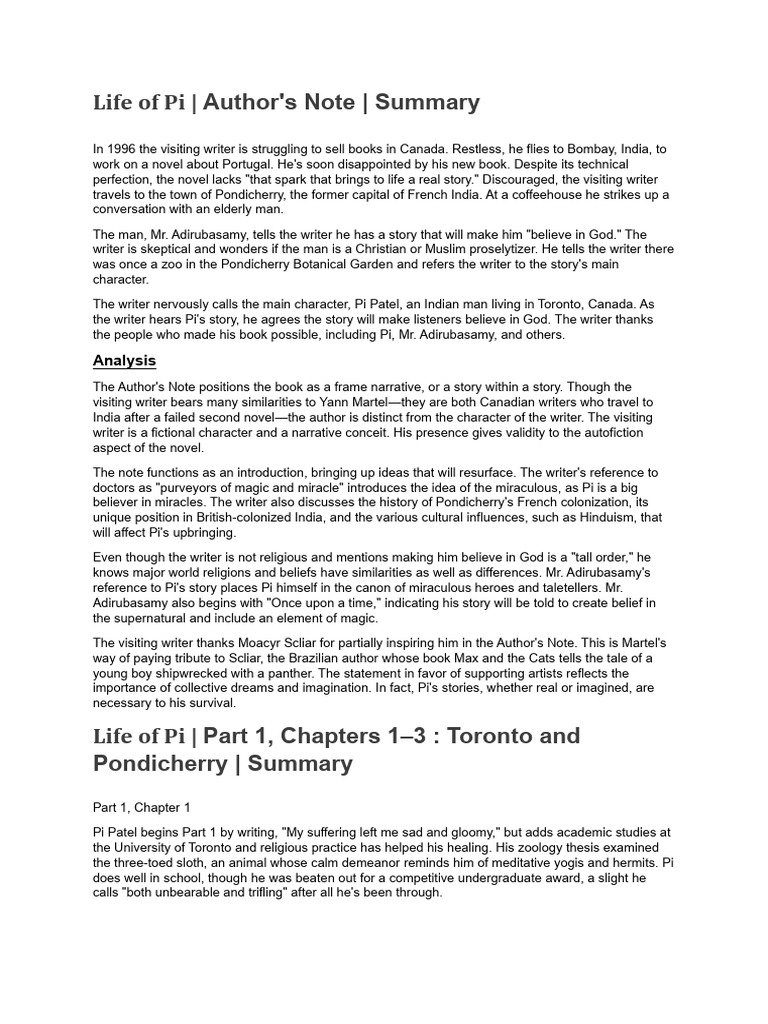 Life of Pi summaries Part 1 PDF Faith Prayer