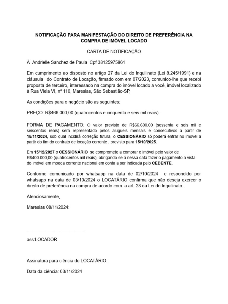 Notifica o De Direito De Prefer ncia Imobili ria PDF
