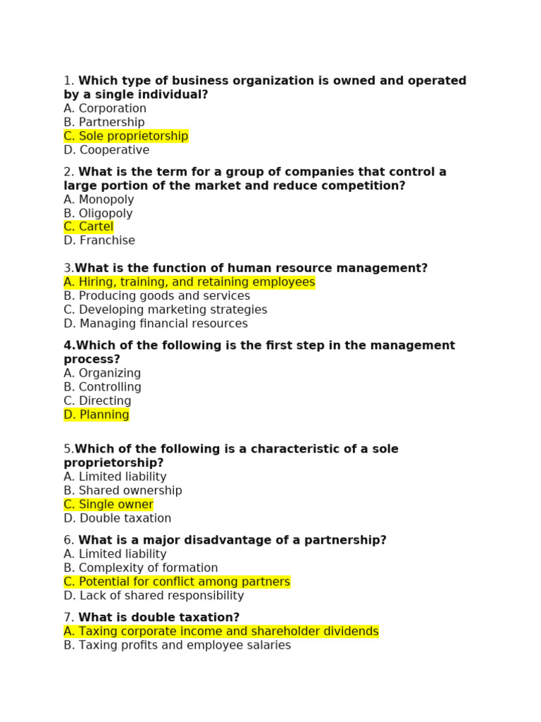 Business Organization and Management Quiz | PDF