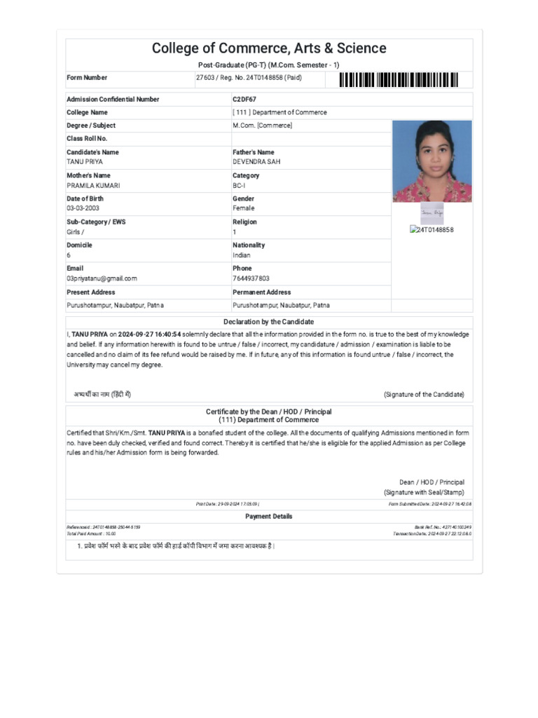 M.Com Admission Form for Tanu Priya | PDF