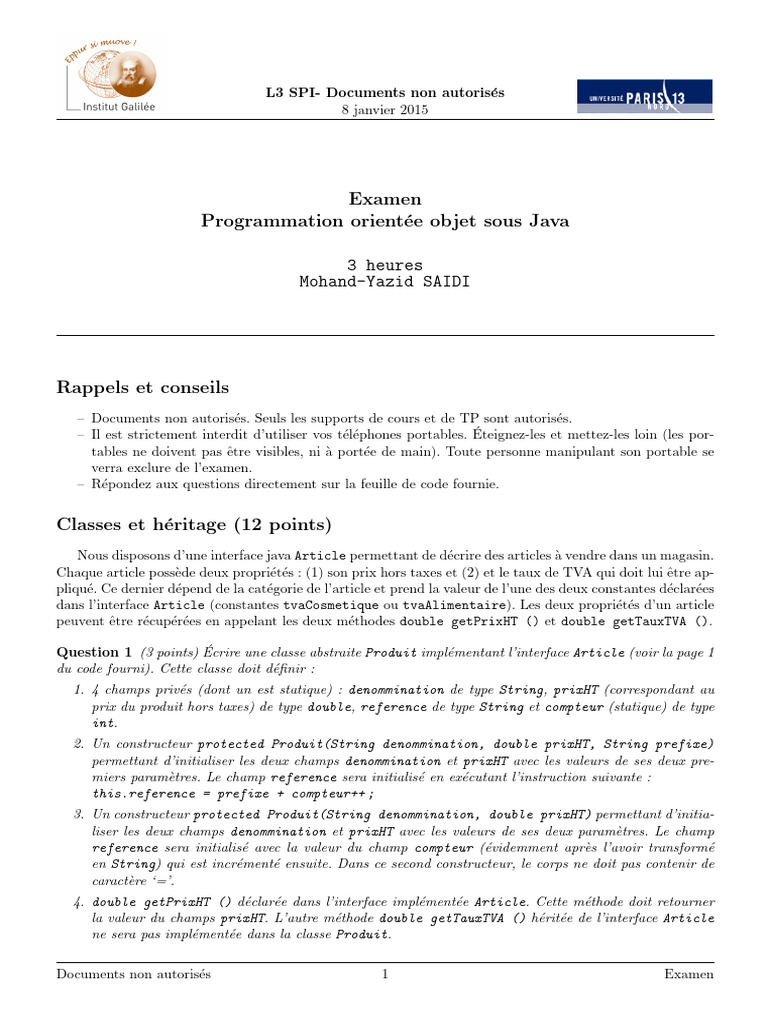 Examen Java : Programmation Objet L3 SPI | PDF | Taxe sur la valeur ...