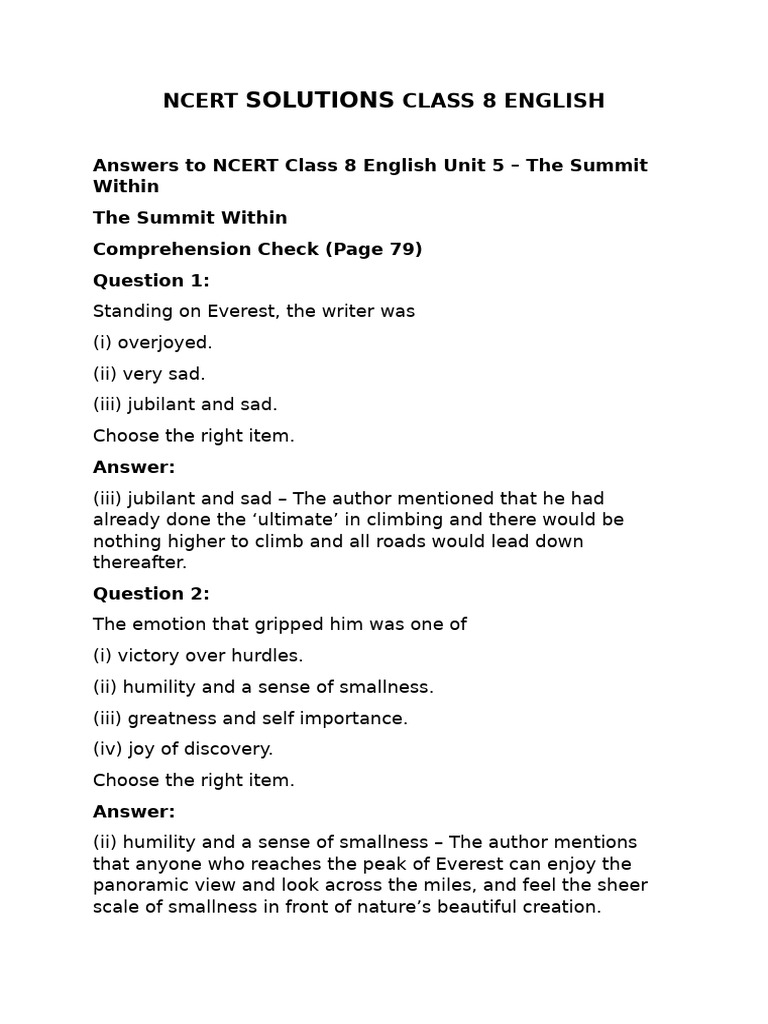 Ncert Solutions Class 8 English | PDF | Poetry | Mount Everest