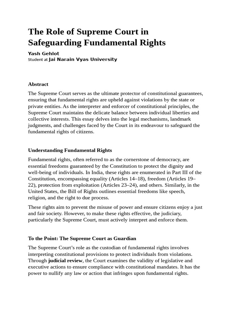 Supreme Court's Role in Fundamental Rights | PDF | Supreme Court Of The ...