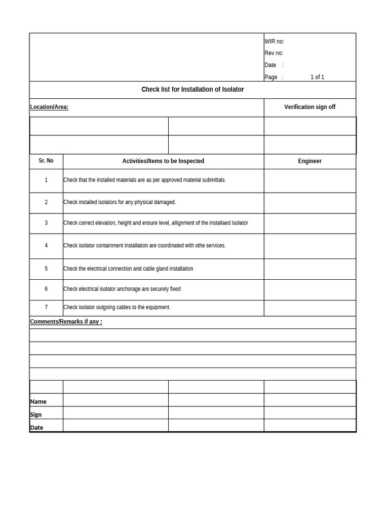 Isolator Installation Checklist | PDF