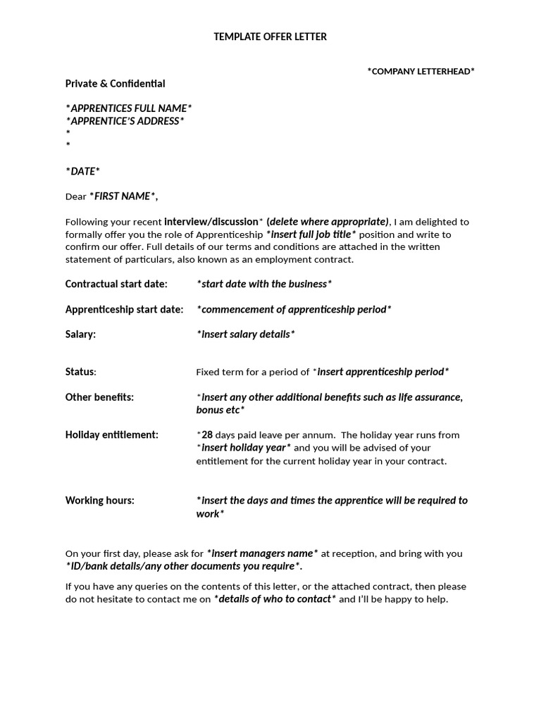 Apprenticeship Offer Letter Template | PDF