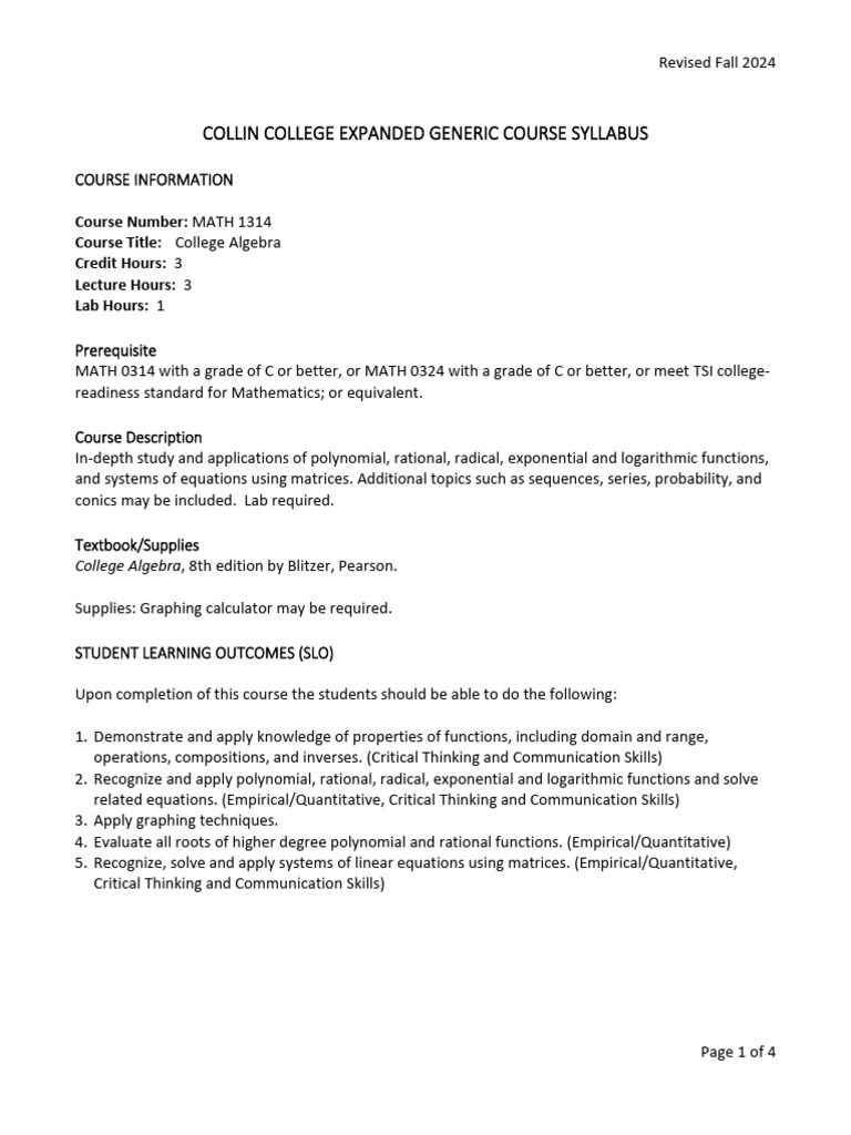 College Algebra Syllabus MATH 1314 | PDF | Function (Mathematics ...