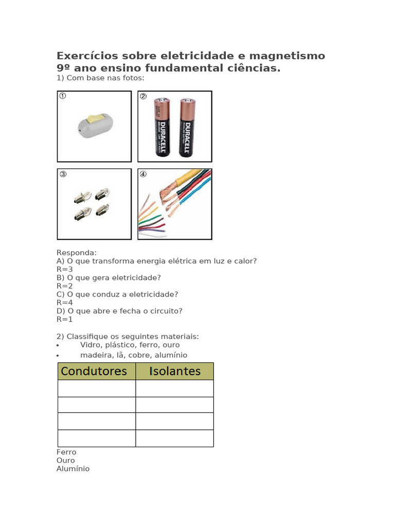 Exercícios de Eletricidade e Magnetismo 9º Ano | PDF | Carga elétrica ...