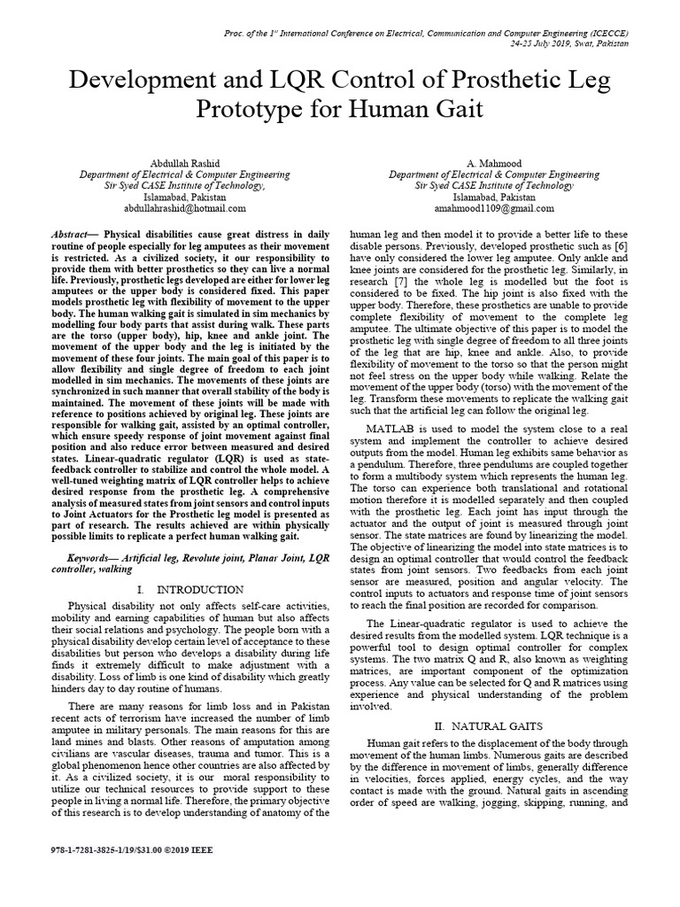 Development and LQR Control of Prosthetic Leg Prototype For Human Gait ...