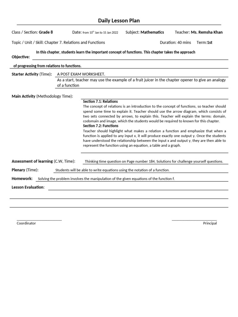 Grade 8 Math Lesson Plan: Functions | PDF | Function (Mathematics ...