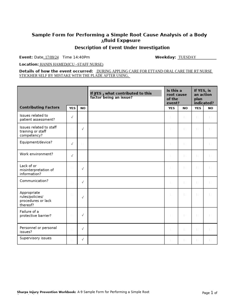 Sharps Injury Root Cause Analysis Form | PDF | Health Care | Nursing