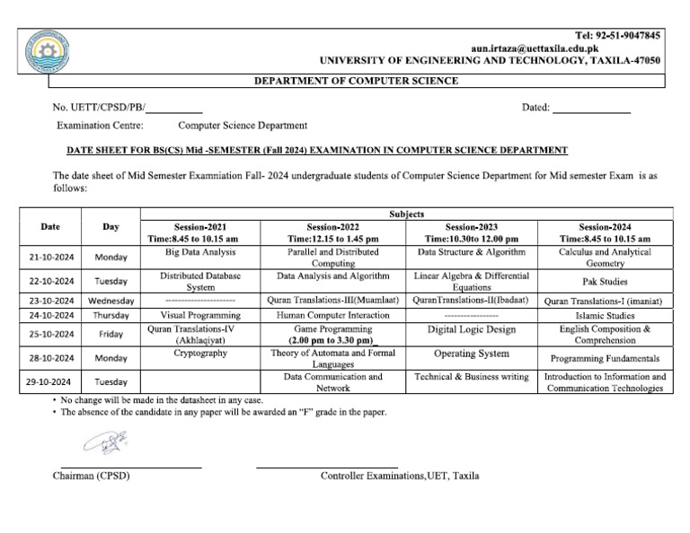 Revised Updated Date Sheet Fall-2024 Mid Exam | PDF