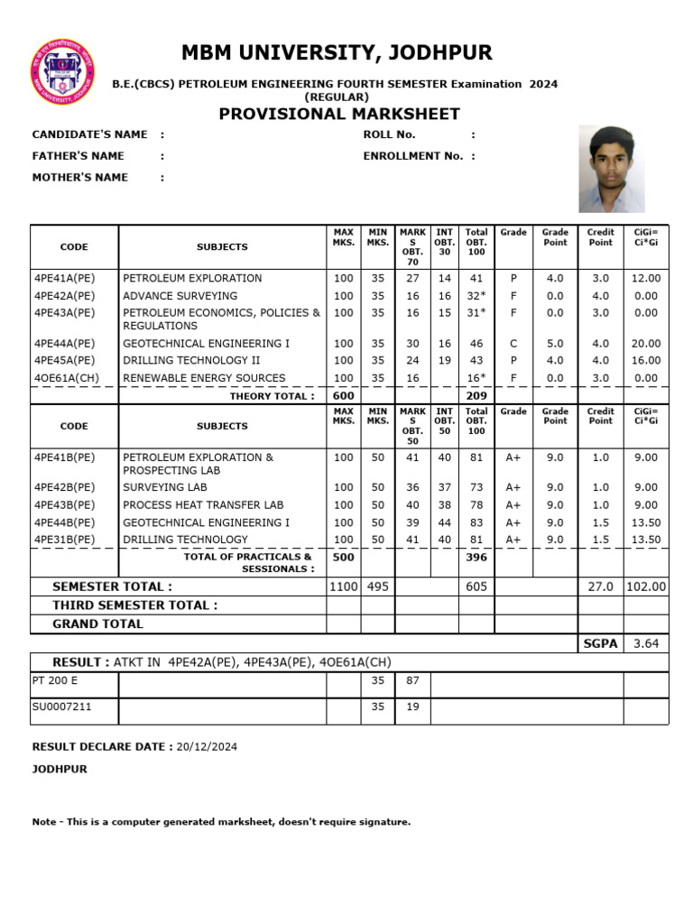 2024 MBM University Petroleum Engineering Marksheet | PDF