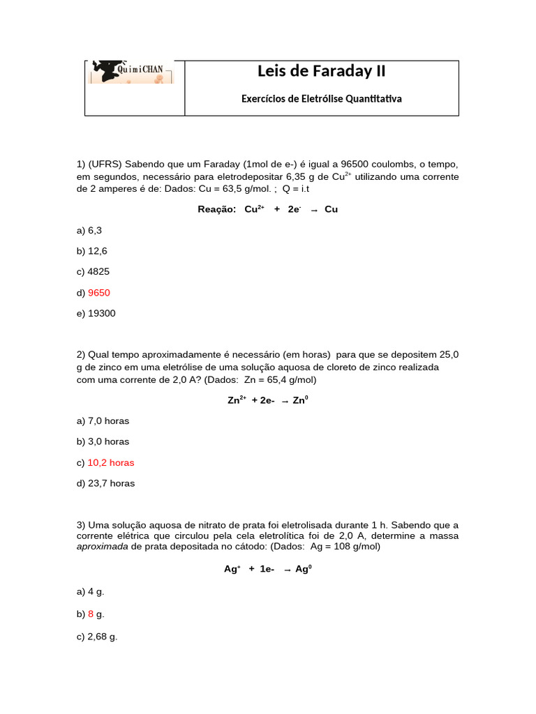 Exercícios de Eletrólise Quantitativa | PDF