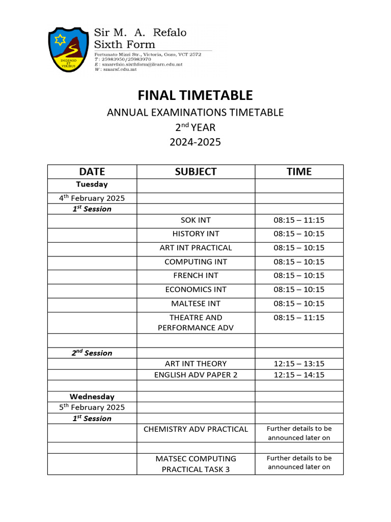 2025 Second Year Exam Schedule | PDF | Mathematics | Science
