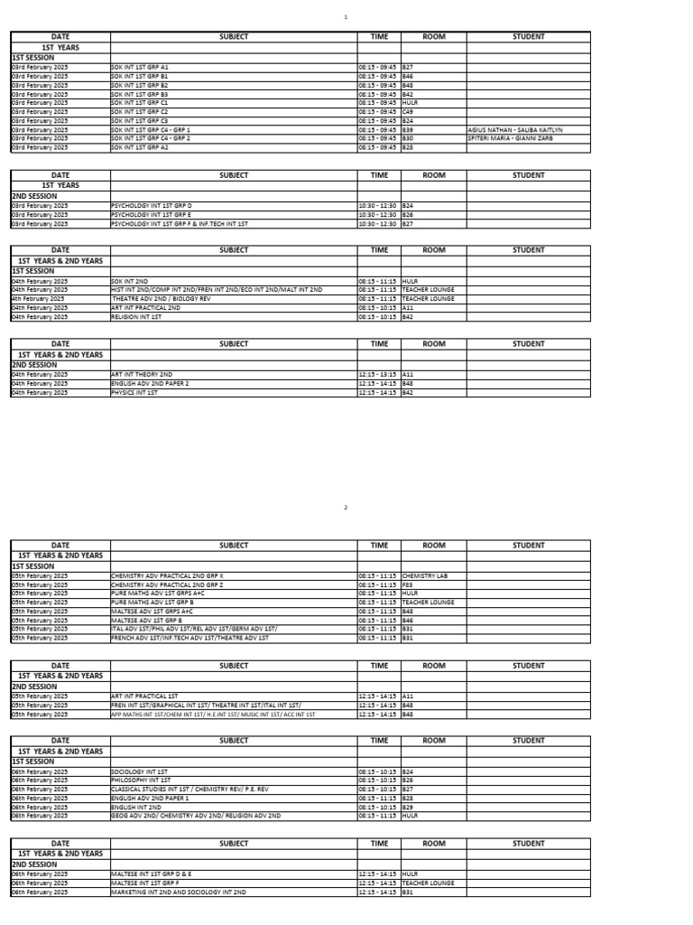 2025 Exam Schedule for 1st & 2nd Years | PDF | Inquiry | Liberal Arts ...