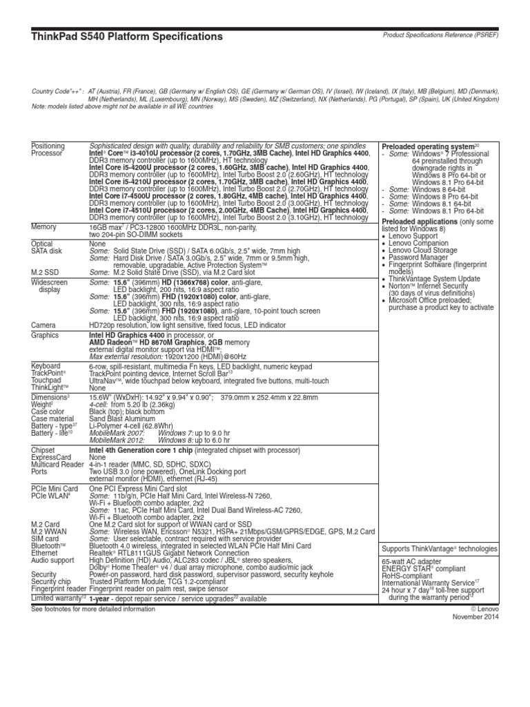 ThinkPad_S540_Spec | PDF | Solid State Drive | 64 Bit Computing