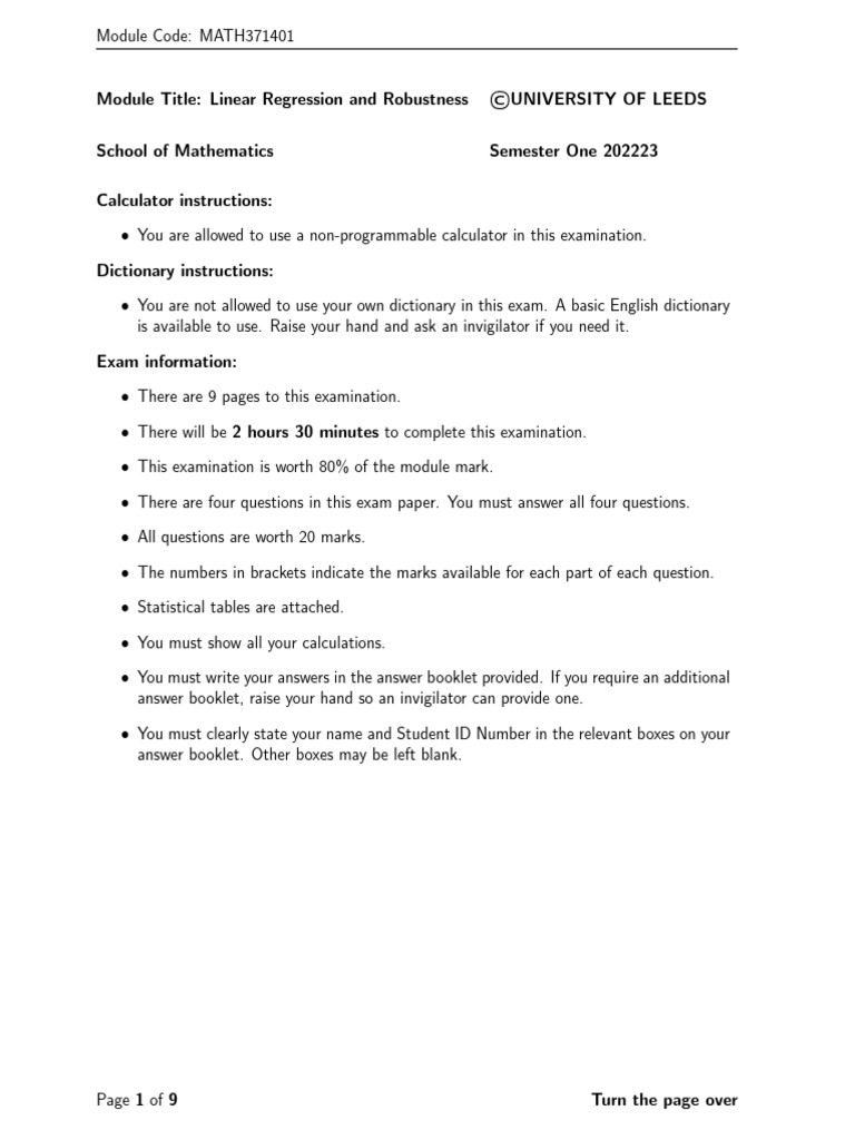 MATH3714-Jan-2023 (1) | PDF | Errors And Residuals | Regression Analysis