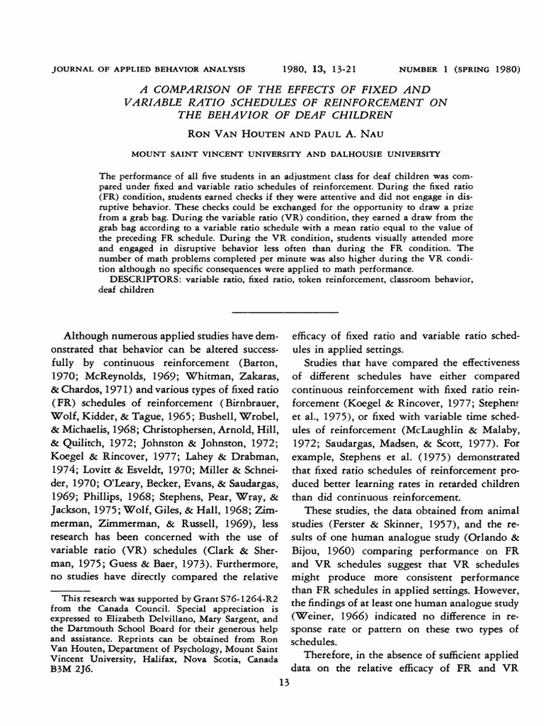 A Comparison of The Effects of Fixed and Variable Ratio Schedules of ...