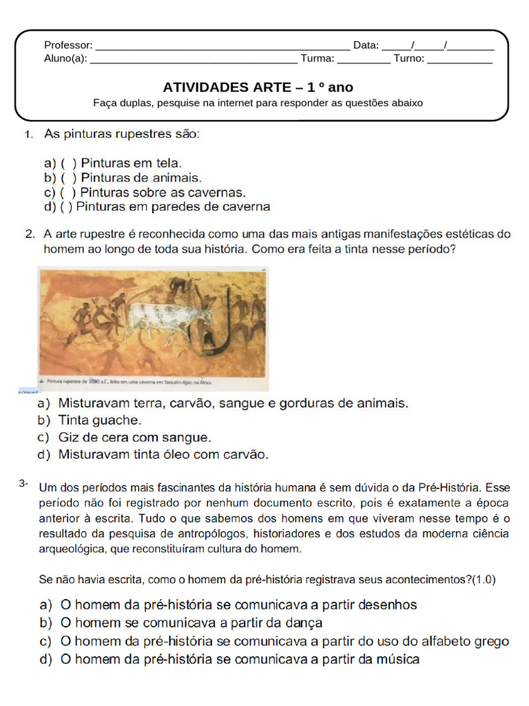 Atividades sobre Arte Rupestre - 1º Ano | PDF | Arte Rupestre | Pinturas