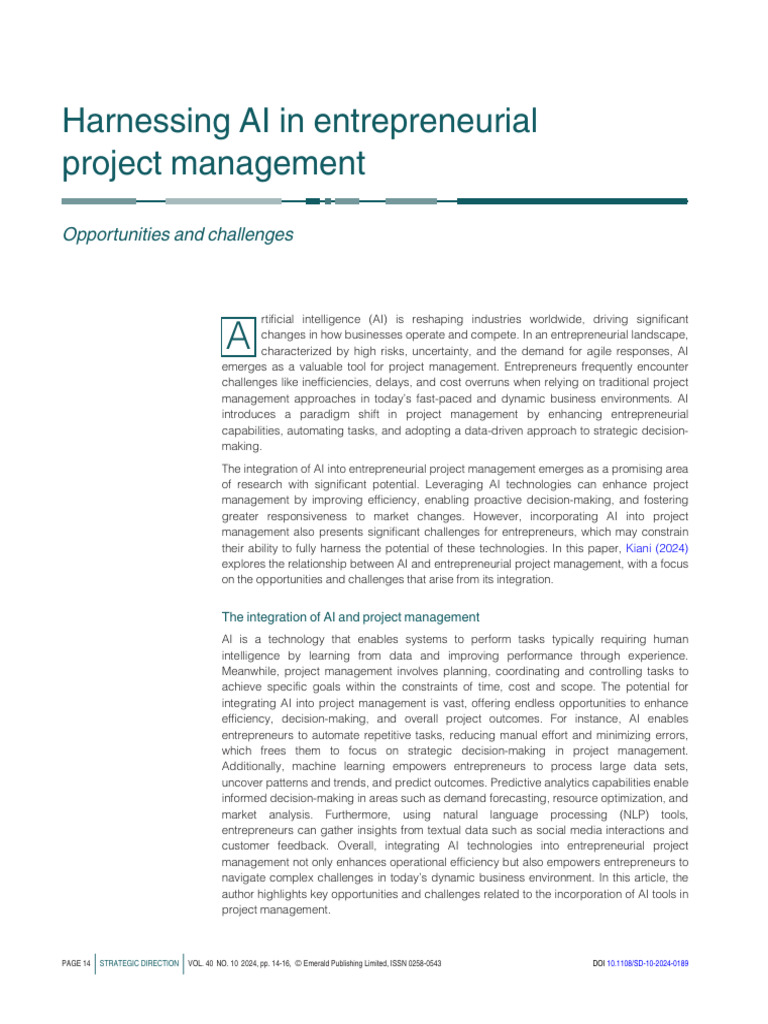 Harnessing AI in entrepreneurial project management | PDF | Artificial ...