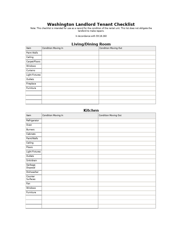 Washington Tenant Move-In Checklist | PDF