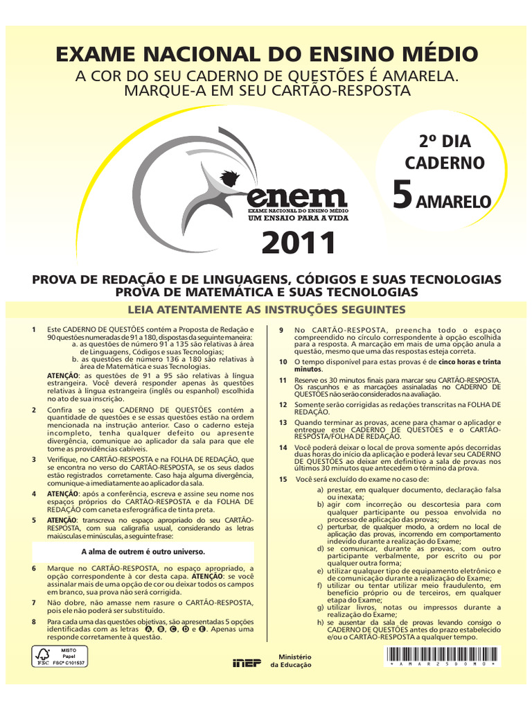Prova Amarela ENEM 2011: Redação e Questões | PDF