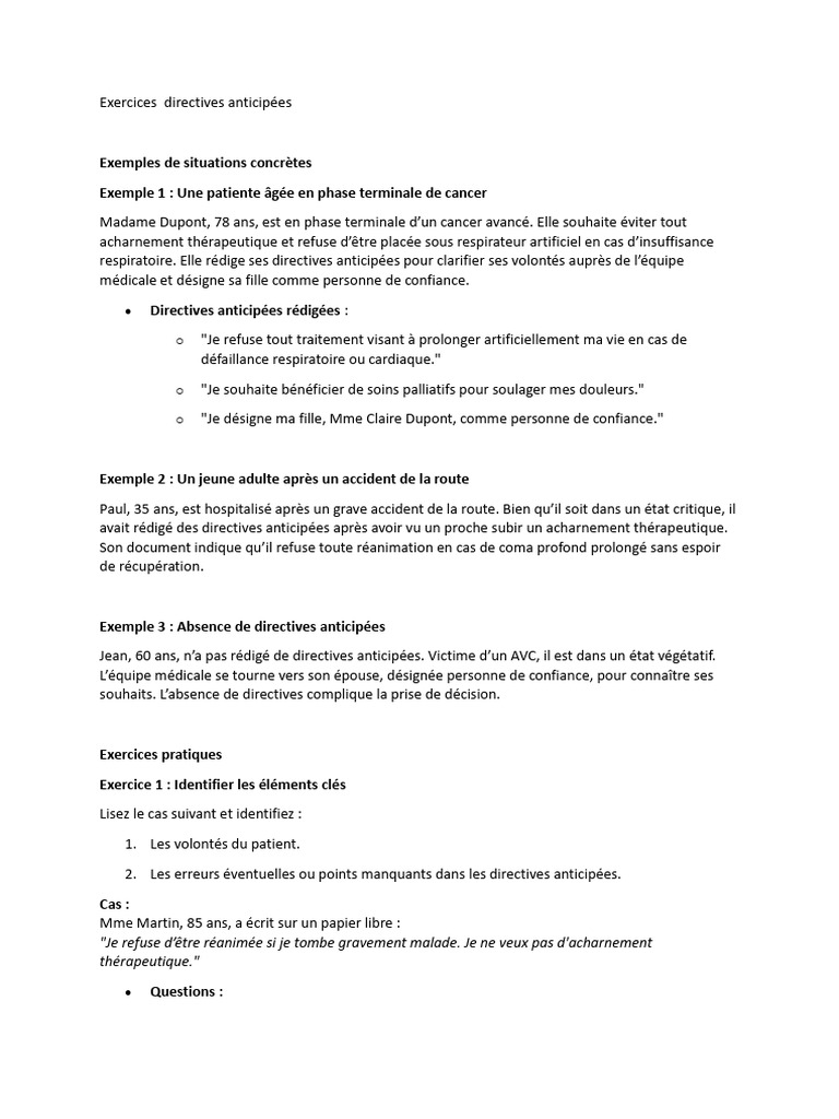 Directives Anticipées : Exemples et Exercices | PDF | Soins palliatifs ...