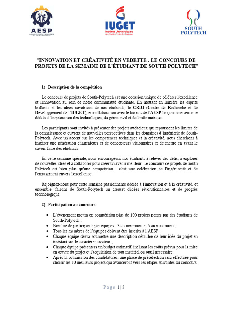 Concours de Projets à South-Polytech | PDF