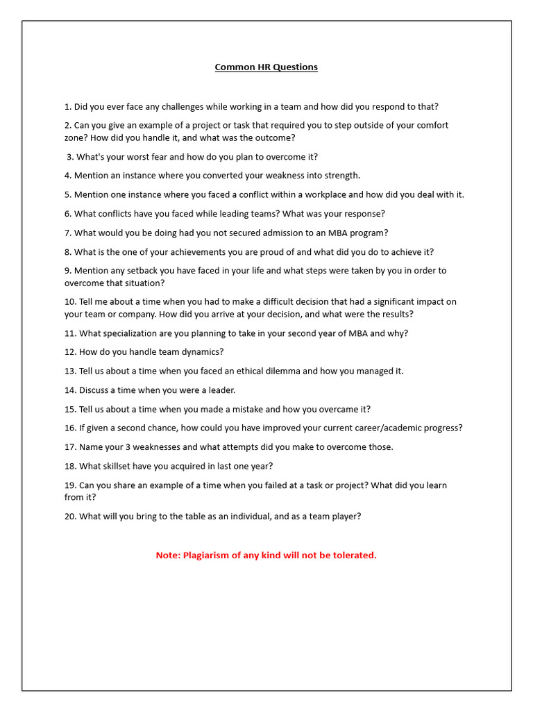 Placement Preparedness Drive - HR Questions | PDF