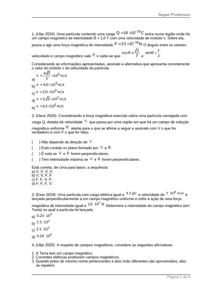 Lista de Revisao Extra 2° Ano - Fisica | PDF | Magnetismo | Campo magnético