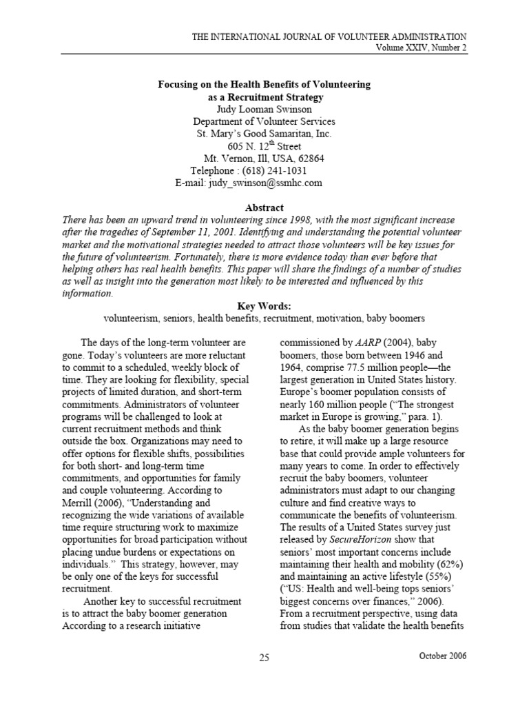 Health Benefits of Volunteering for Recruitment | PDF | Volunteering ...