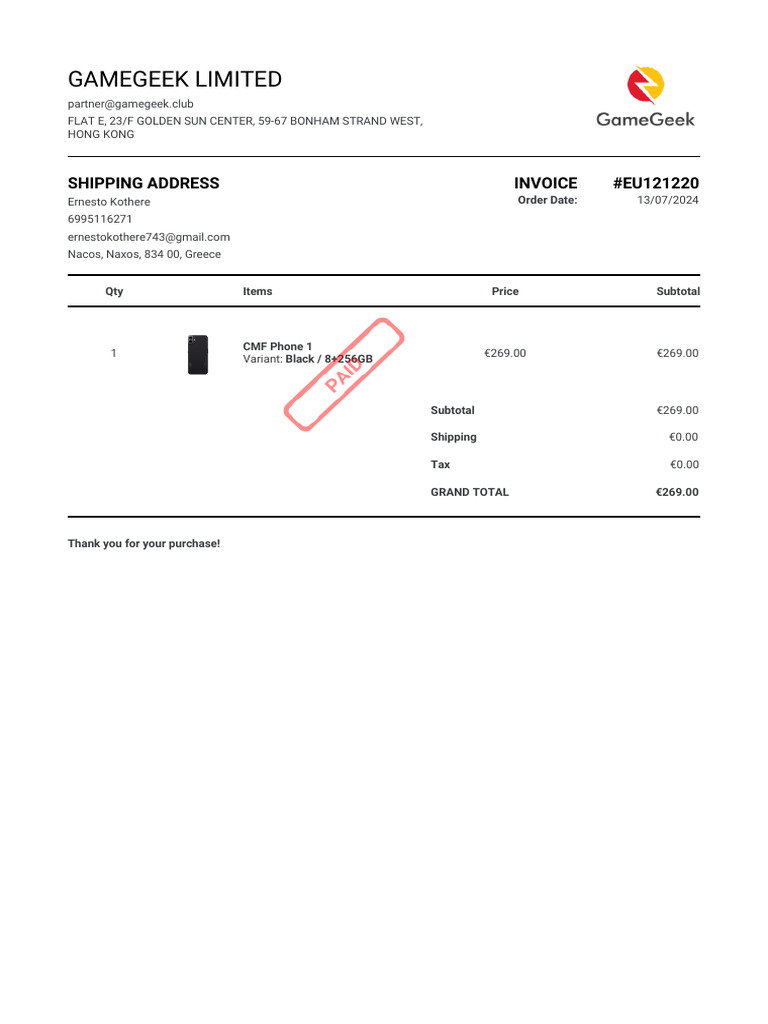 GameGeek Purchase Invoice EU121220 | PDF