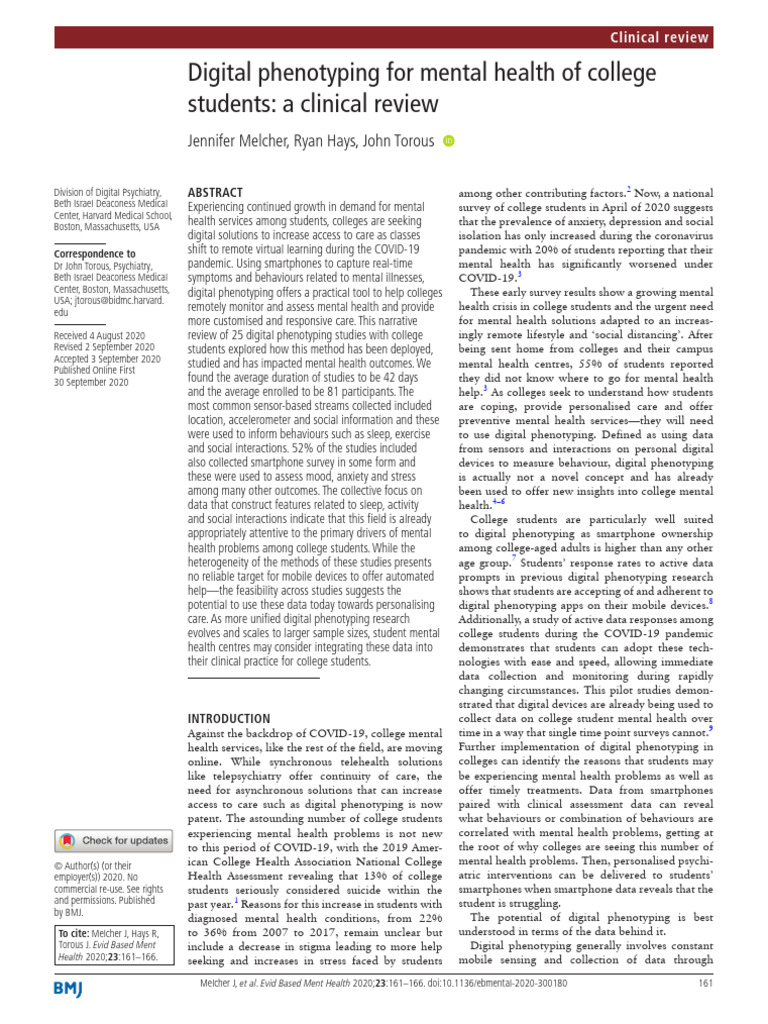 Digital Phenotyping for College Mental Health | PDF | Mental Health ...