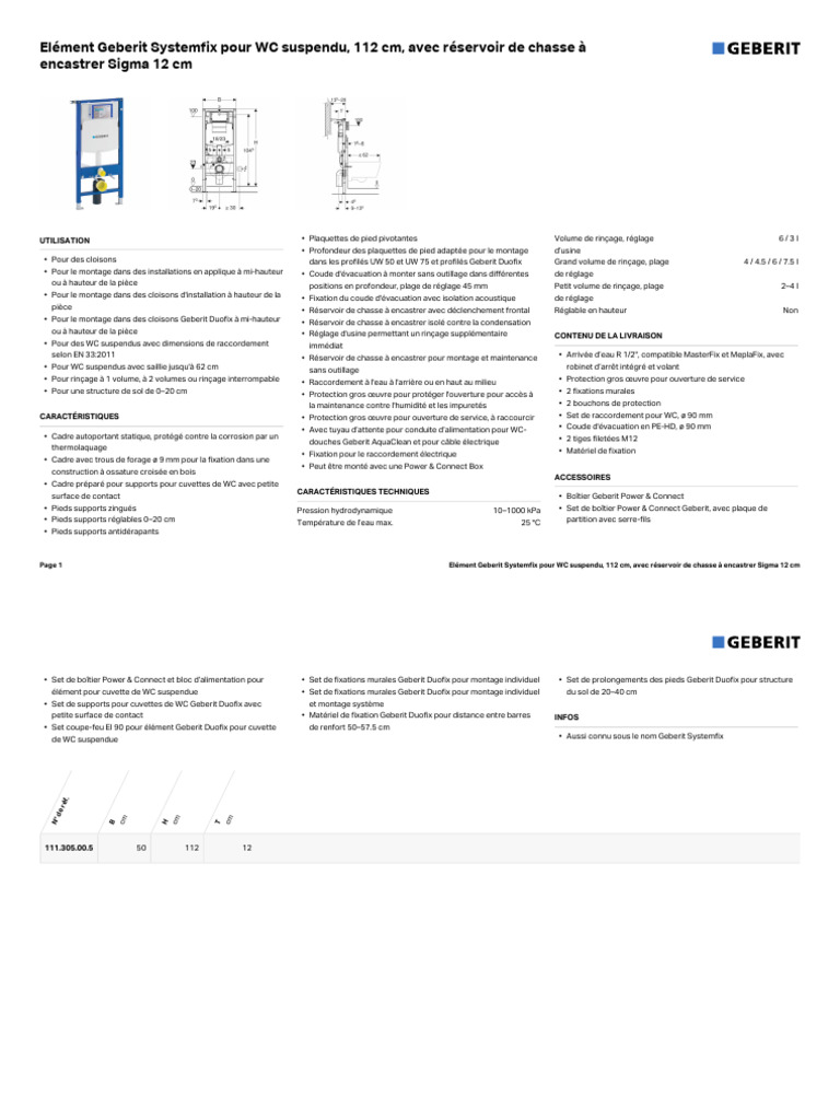 Geberit Systemfix pour WC suspendu 112 cm | PDF