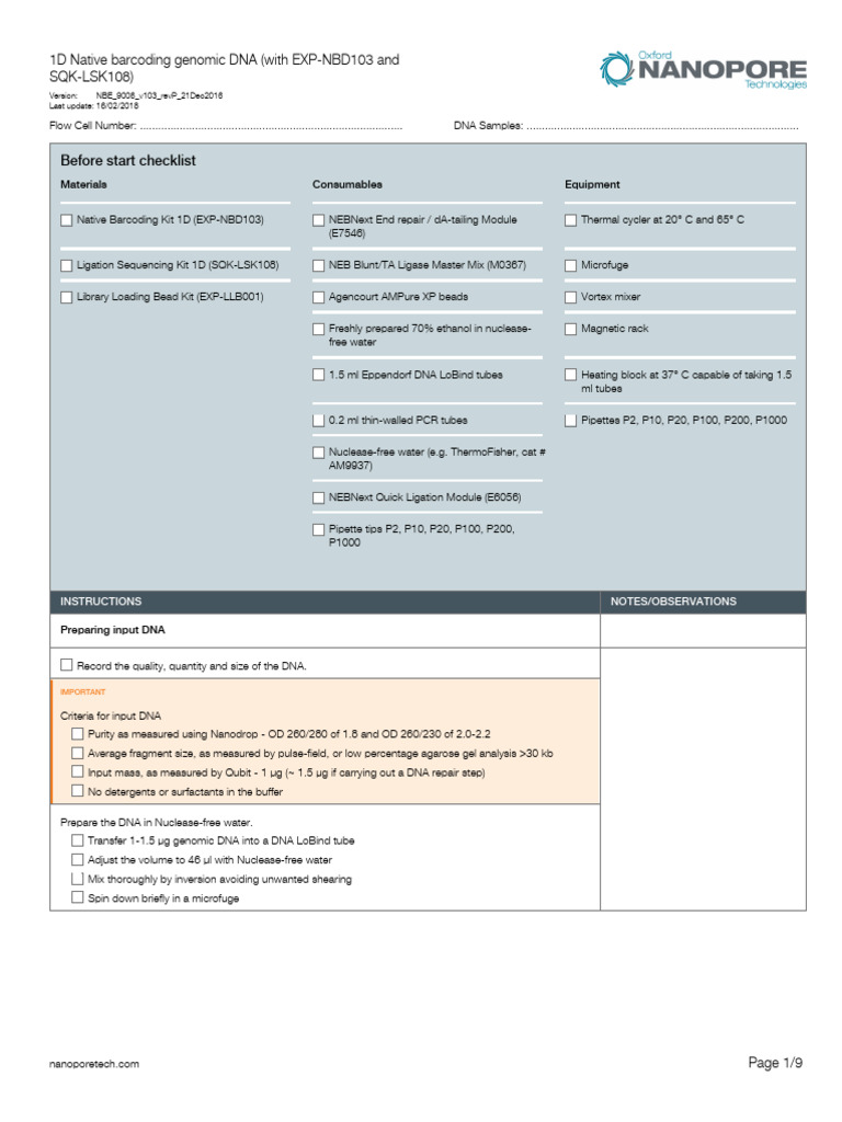 1D Native Barcoding DNA Protocol Guide | PDF | Dna Ligase | Biochemistry