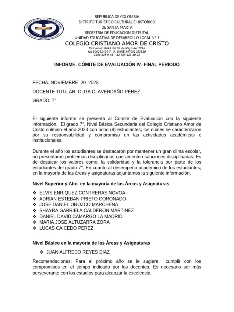 Informe Comité Grado 7° | PDF