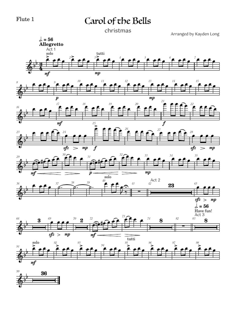 Easy Flute Arrangement: Carol of the Bells | PDF | Christmas ...