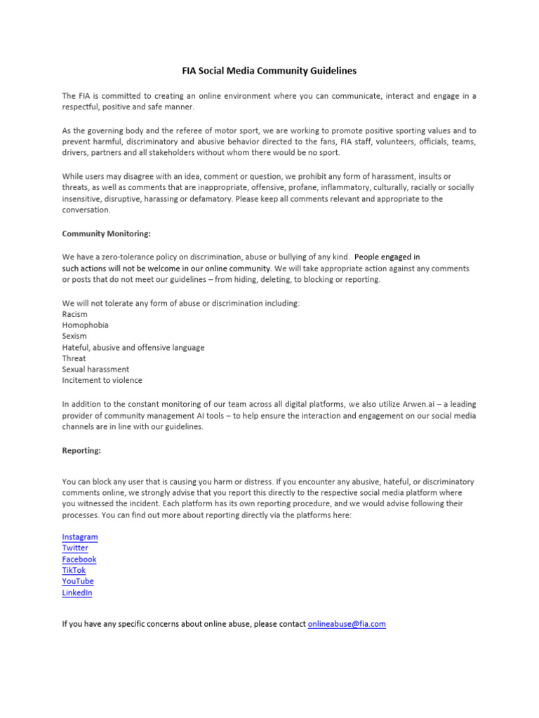 FIA Social Media Community Guidelines | PDF